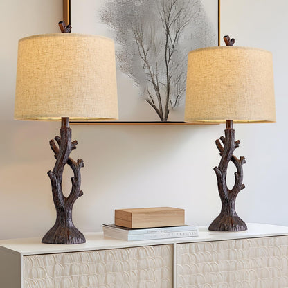 25" Farmhouse Table Lamp Set of 2 for Living Room Bedroom Resin Bedside Tree Lamp Nightstand End Table Lamps Vintage Natural Style1