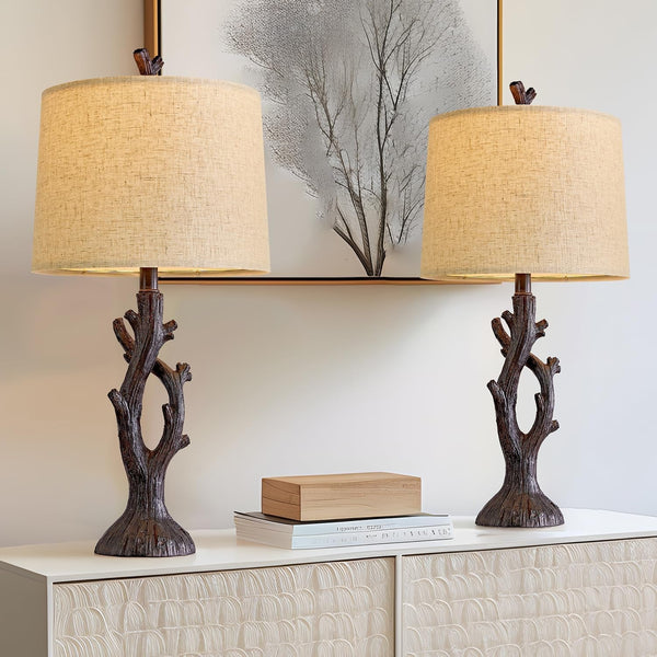 25" Farmhouse Table Lamp Set of 2 for Living Room Bedroom Resin Bedside Tree Lamp Nightstand End Table Lamps Vintage Natural Style1