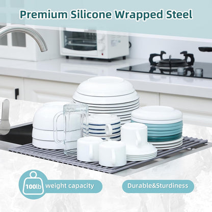 over Sink Dish Drying Rack Silicone Wrapped 17.6" W X 15.4" L Large over the Sink Roll up Dish Drainer - Foldable Sink Drying Rack Rolling Drain Mats Anti-Slip Multipurpose for Kitchen Counter8