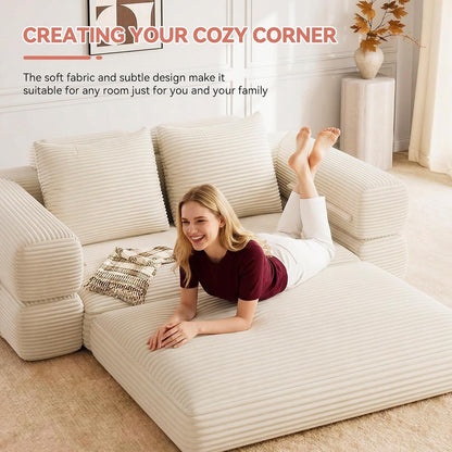 4-In-1 Convertible Folding Sofa Bed, 78"W X 68"L Queen Size Foldable Sleeper Sofa Bed, Wide Corduroy Upholstery, Boneless Mattress Couch with Armrests & Neck Pillow for Living/Bedroom, Beige7
