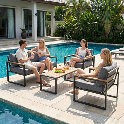 4-Piece Metal Patio Conversation Set, Deep Seating Outdoor Sofa with Coffee Table, Modern Small Space Furniture for Backyard, Deck, Poolside, Porch (Gray)2