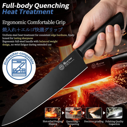19-Piece Black Kitchen Knife Set, Oxide Blackened Stainless Steel Blades, Hollow Metal Horseshoe Handles, Professional Chef Knives with Gift Box | Included Acacia Wood Cutting Board, 20-Slot Oxford Cloth Knife Roll Bag, Lightweight and Well-Balanced, Non-Slip Grip3