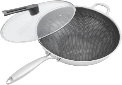 14 Inch Wok Pan with Lid, Food-Grade Stainless Steel Woks & Stir-Fry Pans Nonstick, Dishwasher and Oven Safe, Cooking Pan Compatible with Gas & Induction Cooker1