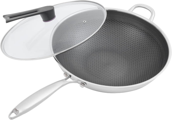 14 Inch Wok Pan with Lid, Food-Grade Stainless Steel Woks & Stir-Fry Pans Nonstick, Dishwasher and Oven Safe, Cooking Pan Compatible with Gas & Induction Cooker1