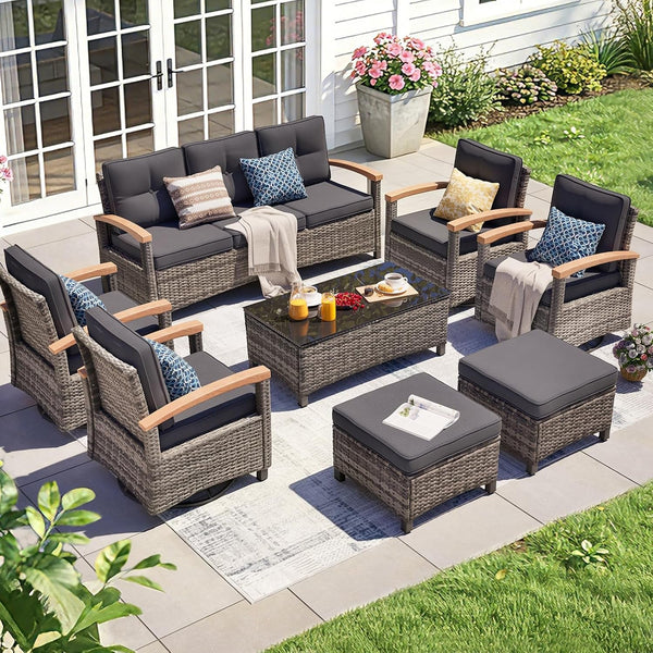 8 Pieces Patio Furniture Sets,Wicker Patio Conversation Sets with 4 Wood Armrests Swivel Glide Chairs, 2 Ottoman, 3-Seat Sofa and Coffee Table (Grey)1