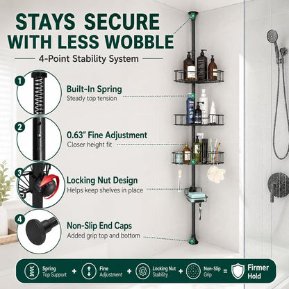 Shower Caddy Tension Pole, 4-Tier Heavy Duty Corner Organizer, 39-125 Inch2