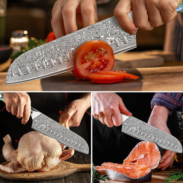 Damascus Santoku Knife 7 Inch, Razor Sharp Professional Chef Knife, Japanese Hand Forged 67 Layers Hammered Damascus Blade, Ergonomic Abalone Shell Handle Cooking Knife with Gift Box7
