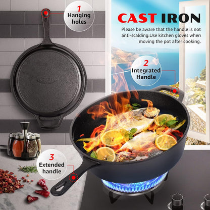 2-In-1 Cast Iron Dutch Oven - 3.2QT Deep Pot with Lid Recipe | 10.5" Cast Iron Skillet with Frying Pan, Pre-Seasoned Dutch Oven Multi Cooker, Oven Safe Cookware for Grill Camping Stewing6