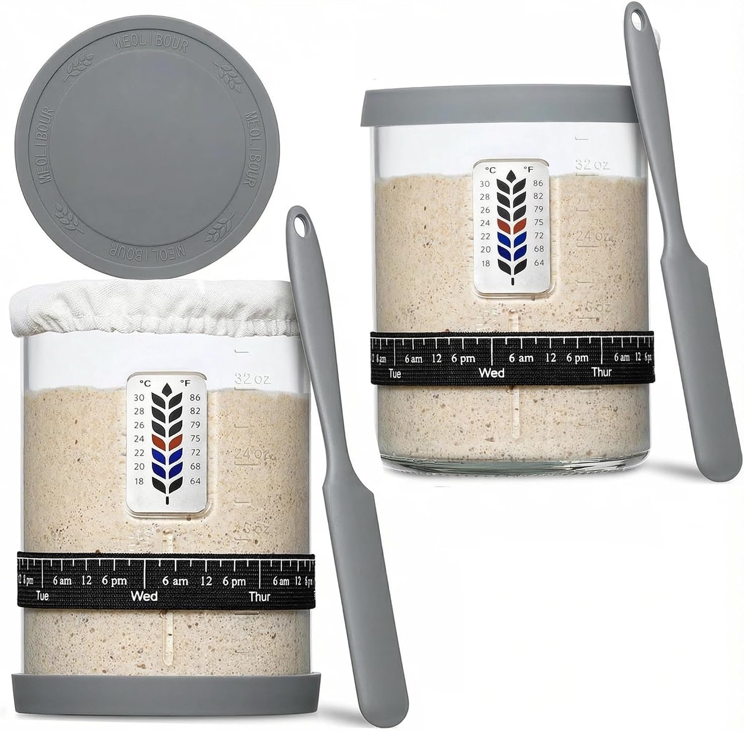 2-pack-premium-pro-sourdough-starter-jar-kit-40oz-large-wide-mouth-sourdough-bread-jar-with-marked-feeding-band-thermometer-scraper-cloth-cover-silicone-lid-base-glass-container-baking-supply