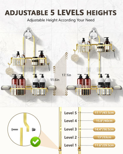 Adjustable Shower Caddy Hanging - Never Rust Shower Organizer Hanging, Aluminum Shower Racks for inside Shower - Bathroom Organizers and Storage with 2 Soap Holders and 2 Removable Hooks Gold4