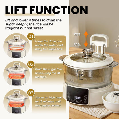 Low Carb Rice Cooker, Multifunction Smart Rice Cooker | Transparent and Visible Food Steamer with Auto Lift Filter Basket3
