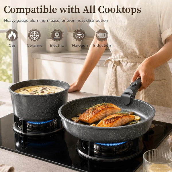 15Pcs Nonstick Pots and Pans Set with Removable Handle, Oven Safe | Non-Toxic Stackable Cookware Set for Rvs, Camping, Pfos/Pfoa-Free Induction Compatible4