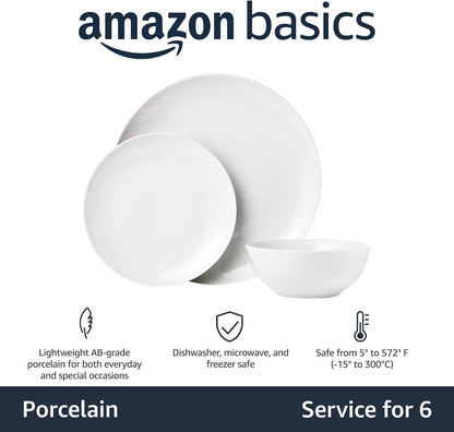 18-Piece Complete Kitchen Dinnerware Set, Microwave and Dishwasher Safe, Plates, Dishes, Bowls for Everyday Use, Service for 6, White Porcelain Coupe2