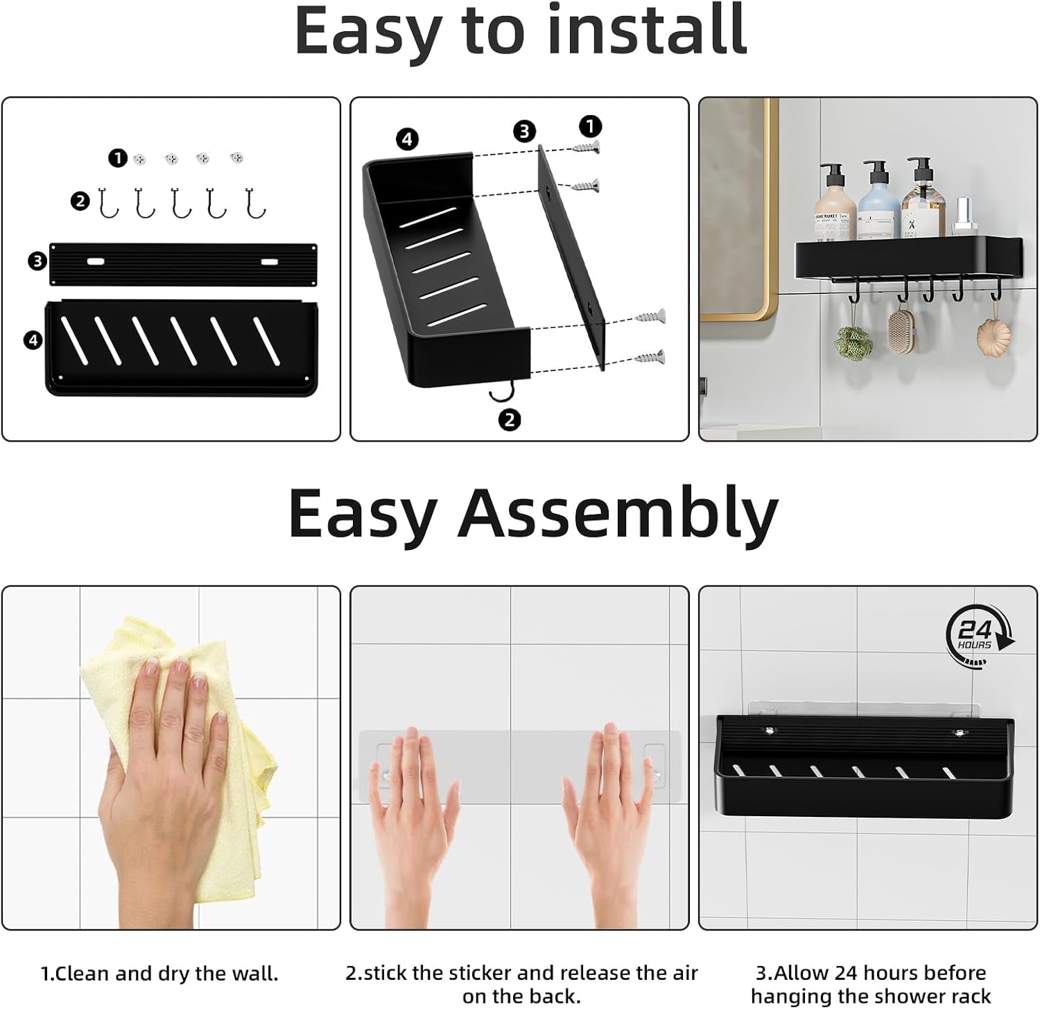 shower-caddy-adhesive-no-drill-rustproof-bathroom-shelf-2-pack-large-capacity-aluminum-shower-shelves-shower-organizer-rack-with-5-removable-hooks-black-30cm