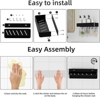 Shower Caddy Adhesive, No Drill Rustproof Bathroom Shelf, 2 Pack Large Capacity Aluminum Shower Shelves, Shower Organizer Rack with 5 Removable Hooks,Black/30Cm8