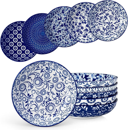 Selene 8.5" Pasta Bowls Set of 6, 40 Oz Porcelain Shallow Salad Bowls, Serving Bowls Large Kitchen Bowl Plates Pasta Plates, Blue & White Floral Design, Microwave Safe1