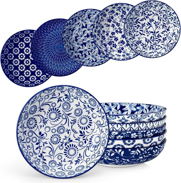 Selene 8.5" Pasta Bowls Set of 6, 40 Oz Porcelain Shallow Salad Bowls, Serving Bowls Large Kitchen Bowl Plates Pasta Plates, Blue & White Floral Design, Microwave Safe1