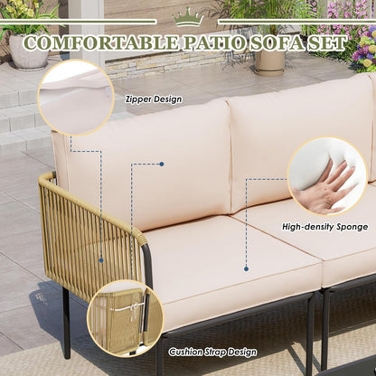 Patio Furniture Set, 5 Piece Outdoor Patio L-Shaped Conversation Set with Cushions and Table, All-Weather Rattan Woven Sectional Sofa for Backyard, Porch, Boho Detachable Lounger (Beige)3