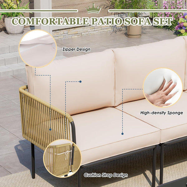 Patio Furniture Set, 5 Piece Outdoor Patio L-Shaped Conversation Set with Cushions and Table, All-Weather Rattan Woven Sectional Sofa for Backyard, Porch, Boho Detachable Lounger (Beige)3
