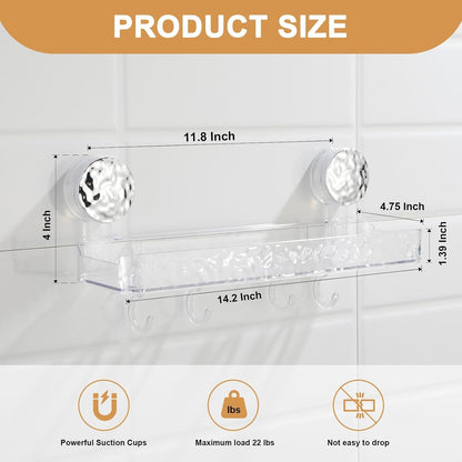 Shower Caddy Suction Cup, Wall Mounted Suction Shower Rack Organizer, No Drilling Clear Shelf Basket with 4 Movable Hooks, Bathroom Storage Rack Suitable for Smooth Walls3