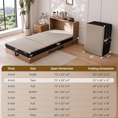 Memory Foam Trifold Mattress, Twin Portable Floor Bed 4 Inch, Foldable Mat with Washable Cover, Handle & Non-Slip Bottom, for RV, Travel, Camping, Yoga, 75"X38"X4", Grey5