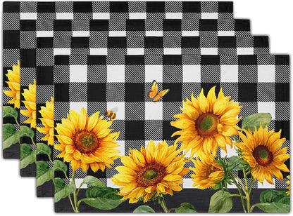 Sunflower Placemats Set of 4 - Buffalo Plaid Place Mats 12X18 Farmhouse Table Mats Spring Summer Kitchen Mats for Party Dining Table1