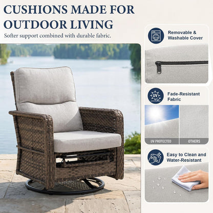 3 Piece Patio Furniture Set, Swivel Rocking Recliner Chairs with Footrests7