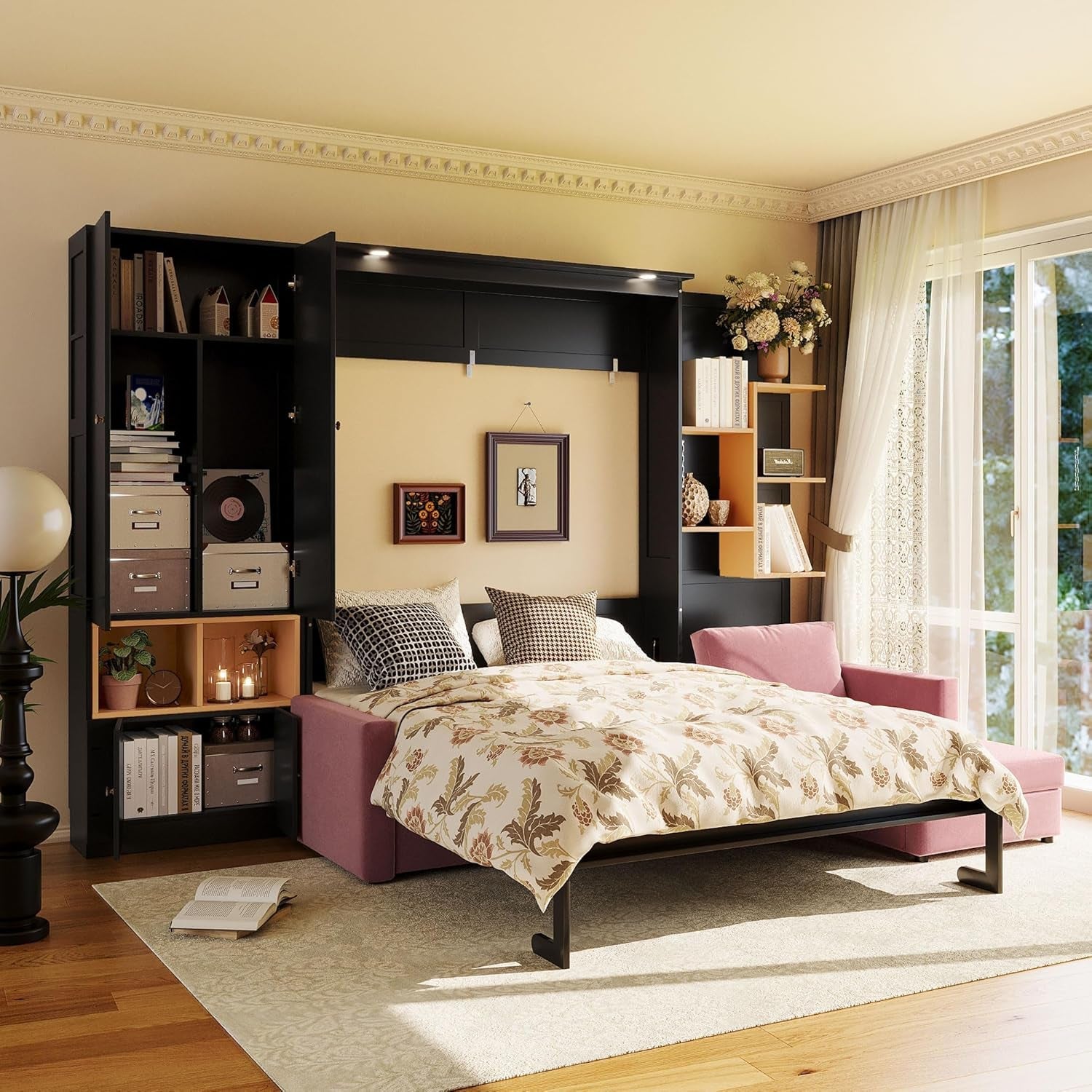queen-size-murphy-bed-with-large-sofa-and-storage-shelves-for-bedroom-guest-study-room-space-saving-wooden-foldable-wall-bed-frame-with-dual-led-and-cabinets-no-box-spring-needed