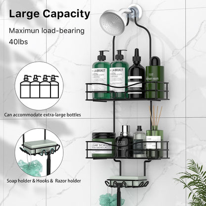 Bathroom Shower Caddy Hanging - 3-Tier Organizer with Soap Holder & 6 Hooks for Towels, Sponge; Fits 21Mm Shower Head Arm, Black3