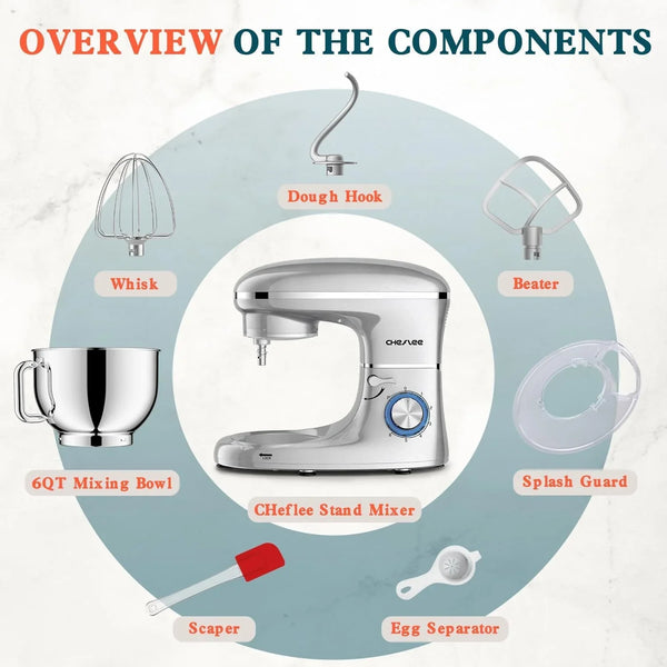Stand Mixer 660W 6+P with 6.5 QT Stainless Steel Bowl, Dough Hook, Wire Whip & Beater, for Most Home Cooks (Silver)8