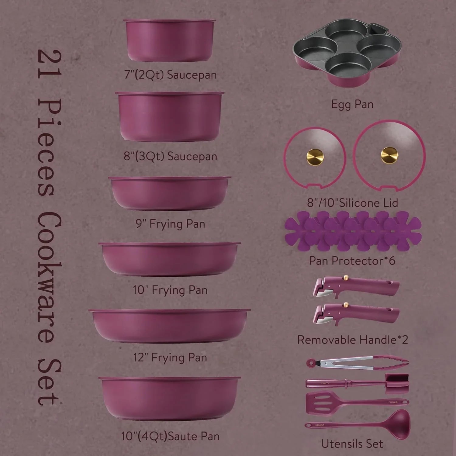 21-piece purple nonstick cookware set with saucepans, frying pans, egg pan, lids, pan protectors, removable handles, and utensils
