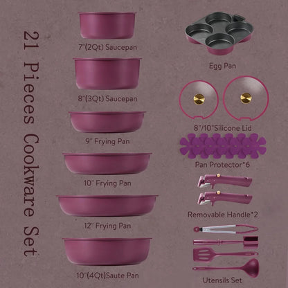 21-piece purple nonstick cookware set with saucepans, frying pans, egg pan, lids, pan protectors, removable handles, and utensils