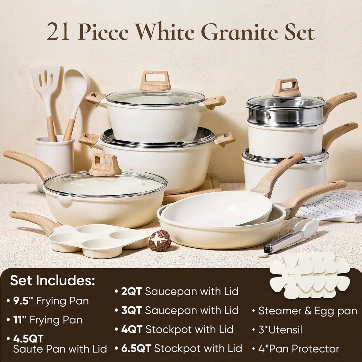 21-piece white granite nonstick cookware set with wooden handles, lids, steamer, and utensils