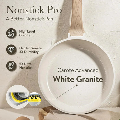 White granite nonstick frying pan with wooden handle on beige background, highlighting durability and ultra nonstick features