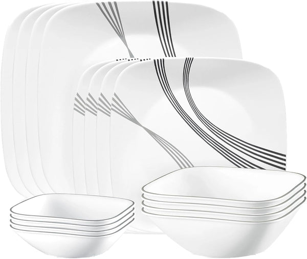 Urban Arc 16Pc, Service for 4, Dinnerware Set, 8 Plates Bowls, Chip & Break Resistant, Dinner and ware White1