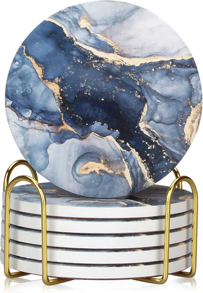 Coasters Set of 6, Navy Blue Marble Abstract Ceramic Coasters with Holder | Best round Absorbent Drink Coaster Set, Coffee Table Decor for Home Decor House Warming Gifts New Home1