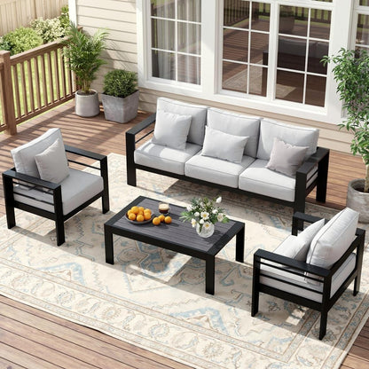 Aluminum Patio Furniture Set for All Weather, Oversized Metal Outdoor Furniture Set with 27.5" Deep Seating and 3.2" Wide Armrest, Patio Conversation Set with 5" Cushion, Black and Grey1