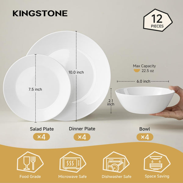 12-Piece Plates and Bowls Set, Glass Dinnerware Sets for 42