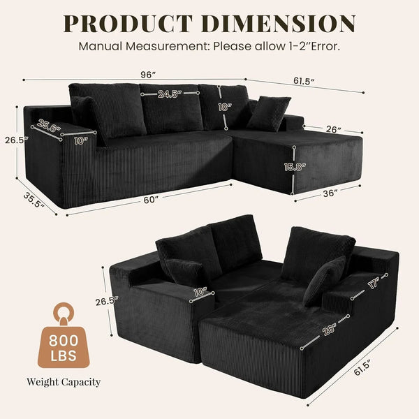 Cloud Sectional Boneless Couches for Living Room, Modular L Shaped Couch with Deep Seat Oversized Right Facing Chaise, Memory Foam Compressed Spineless 3 Seater Sofa for Apartment, Black2