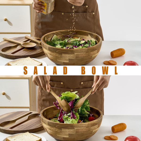 Salad Bowls Wood Salad Bowl Set with Lid Acacia Wood Serving Bowl for Fruits or Salads 10.5" Large Serving Bowl with Serving Utensils, 4 Piece Wooden Mixing Bowl Set for Kitchen, Picnic5