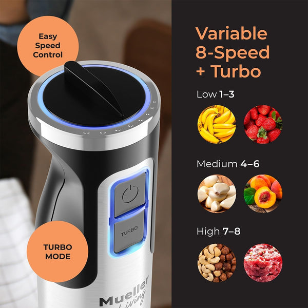 living Ultra-Stick Immersion Hand Blender, 500W Heavy Duty Motor, 8-Speed Turbo Setting, Includes Blending Shaft, Whisk, Milk Frother & Measuring Beaker | 500W Heavy Duty Motor | 8-Speed Turbo Setting | Includes Blending Shaft, Whisk, Milk Frother & Measuring Beaker4