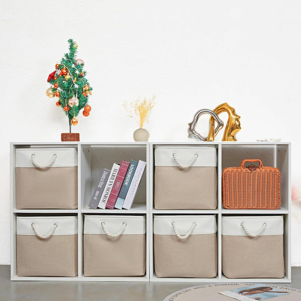 13 X 13 Inch Cube Storage Bins,Storage Cubes for Shelves，Foldable Organizer Boxes with Handles, Decorative Storage Basket for Organizing Clothes, Toys, Books(White&Beige)2
