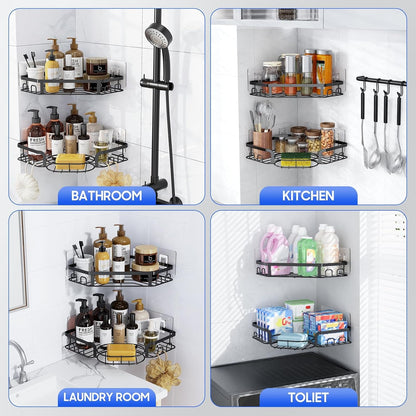 Corner Shower Caddy, Rustproof Shower Organizer with Soap Holder and 8 Hooks, No Drilling Adhesive Shower Shelves for inside Shower, Large Capacity Shower Rack for Bathroom Shower Storage, Black8