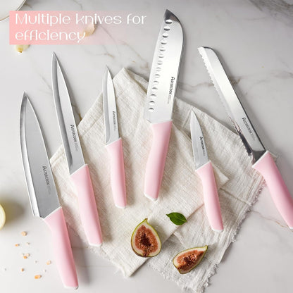 Knife Set, Kitchen Knives Set with Block and Sharpener 15 Pcs German Stainless Steel Knives Sharp Blade Dishwasher Safe Deba Knives with Ergonomic Handle, Crystal Pink4
