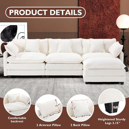 111.4" L Shaped Modern Sofa Modular Sectional Cloud Couch with Ottoman, 4-Seat Chenille Deep Seat Sofa with Pillow for Living Room, Bedroom and Apartment, Beige3