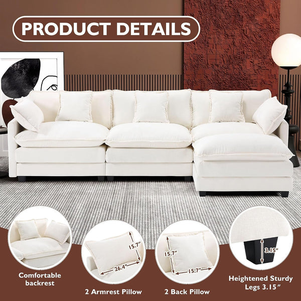111.4" L Shaped Modern Sofa Modular Sectional Cloud Couch with Ottoman, 4-Seat Chenille Deep Seat Sofa with Pillow for Living Room, Bedroom and Apartment, Beige3