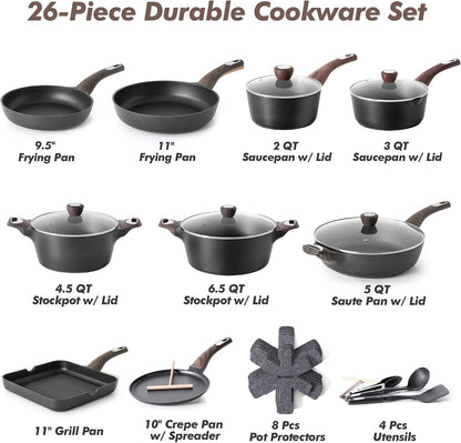Pots and Pans Set Non Stick, Non Toxic Healthy Induction Cookware Sets, 26 Pcs Nonstick Kitchen Cooking Set, W/Frying Pans Set, Saucepans Set, Stockpots Set, PFOA PFOS Free, Black3