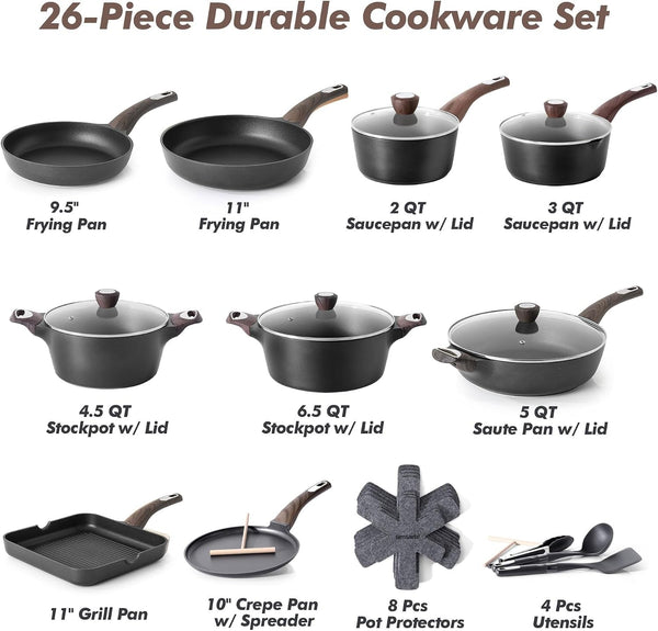 Pots and Pans Set Non Stick, Non Toxic Healthy Induction Cookware Sets, 26 Pcs Nonstick Kitchen Cooking Set, W/Frying Pans Set, Saucepans Set, Stockpots Set, PFOA PFOS Free, Black3