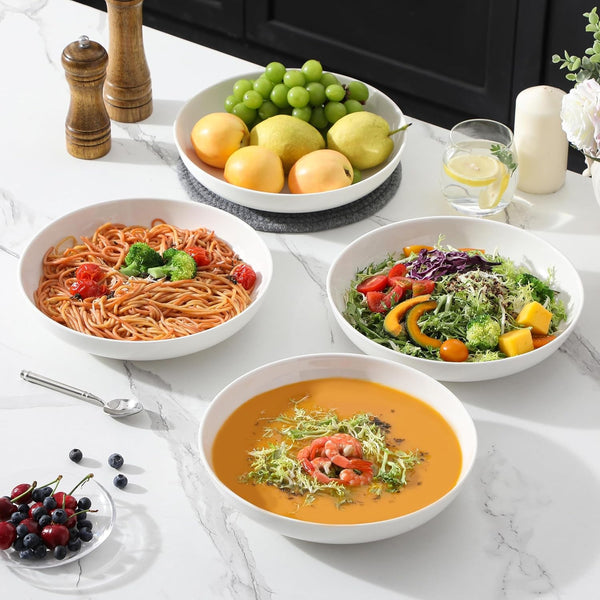 10" Large Pasta Bowls Set of 4, 56 OZ Wide and Shallow Salad Bowls Soup Bowls, Porcelain White Serving Bowls, Kitchen Bowl Plates Pasta Plates, Microwave & Dishwasher Safe, Series REGULAR6