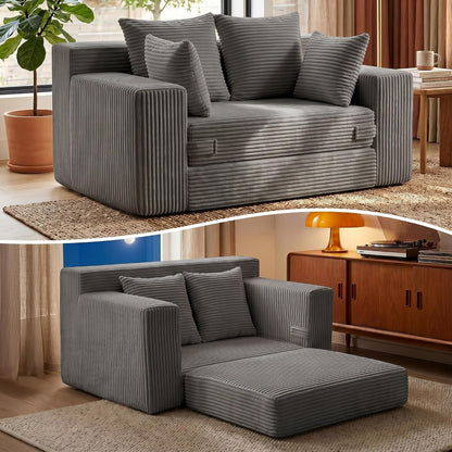 Boneless Mini Couch 53 Inch, 3-In-1 Gray Boneless Couches Covertible Sofa Bed with 4 Pillows, Small Couches for Living Room, Bedroom, Small Space1
